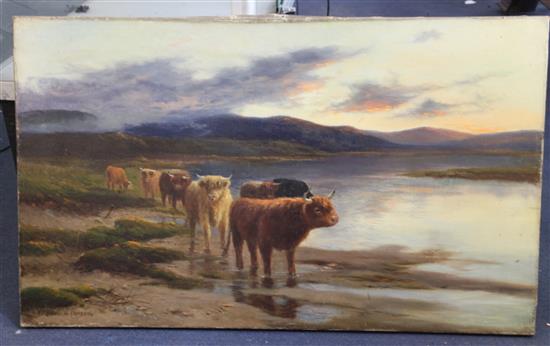 Douglas Cameron (fl.1880-1910) Highland cattle beside a loch 24 x 40in., unframed